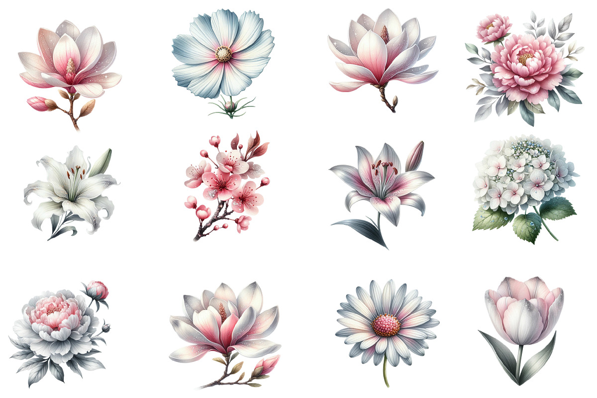 Pink White and Silver Floral Clipart, an Illustration by Designworld (Photo 2 of 5)