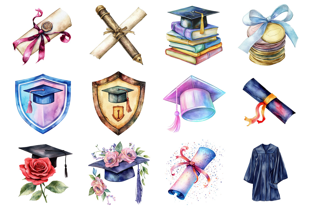 Watercolor Graduation Clipart, an Illustration by Design Market (Photo 3 of 3)