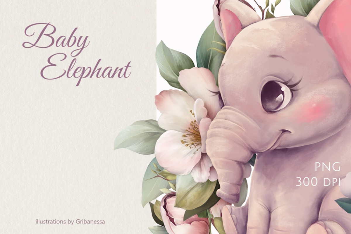 Baby Elephant Floral Illustration, an Animal Illustration by Gribanessa (Photo 1 of 4)