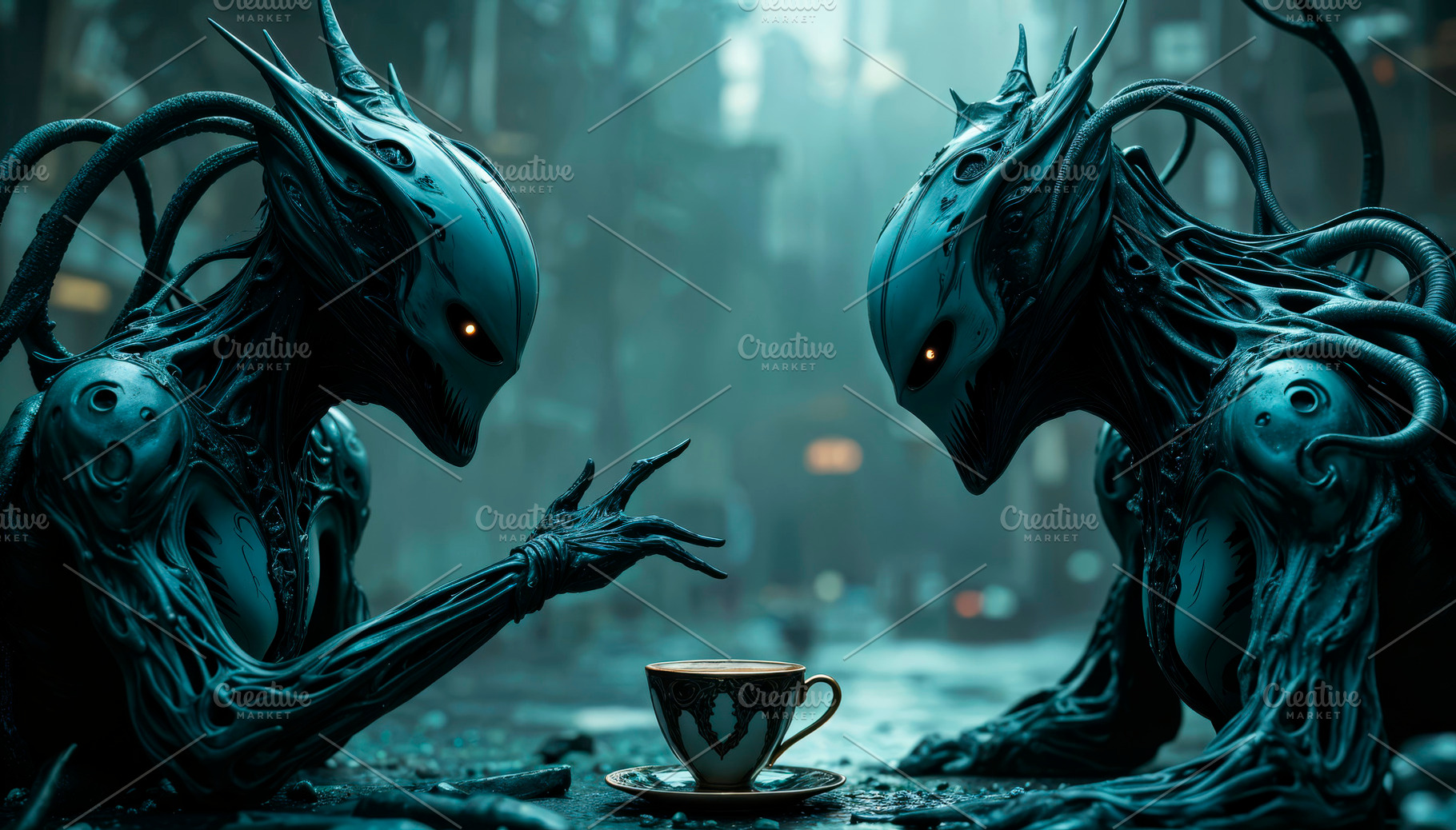 Monsters or aliens at a table with c, an Abstract Photo by TatsianaSalauyova
