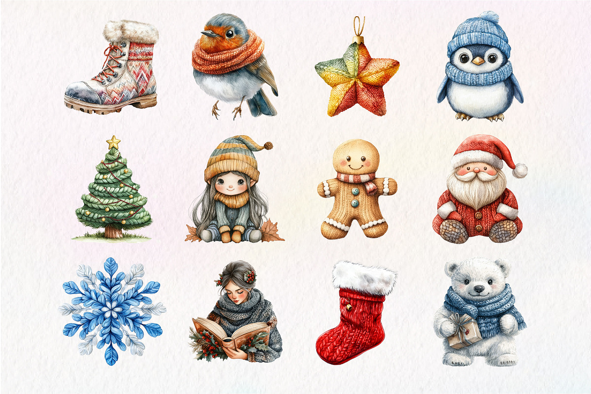 Watercolor Christmas Knitted Clipart, an Illustration by Dream Creation (Photo 2 of 5)