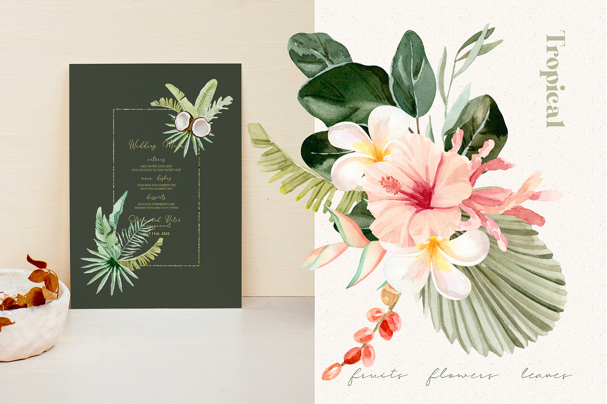 Tropical Flowers, Fruits and Leaves, a Decorative Illustration by Julia M. Watercolor (Photo 5 of 14)