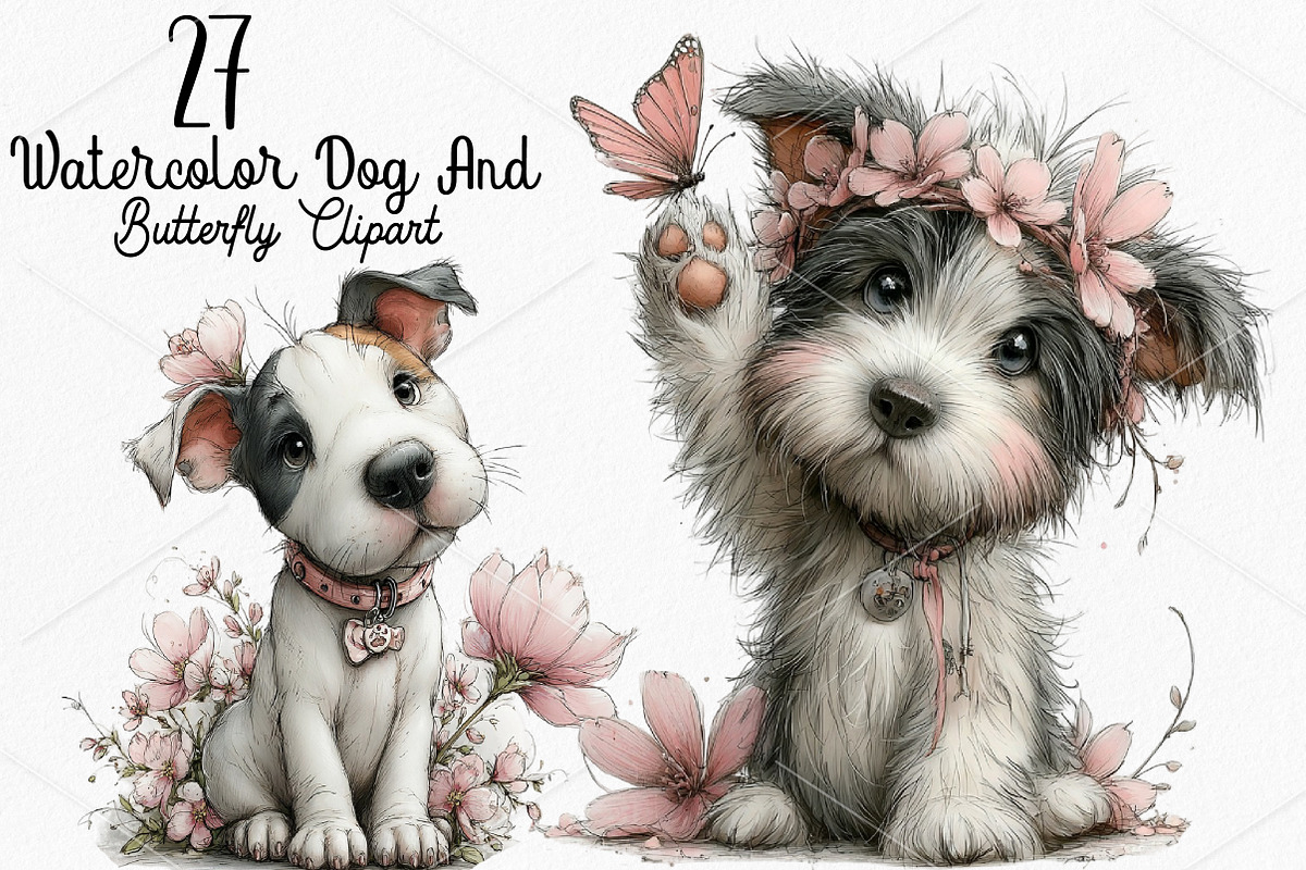 Watercolor Dog And Butterfly Clipart, a Seasonal Illustration by Canvas Craft (Photo 1 of 7)