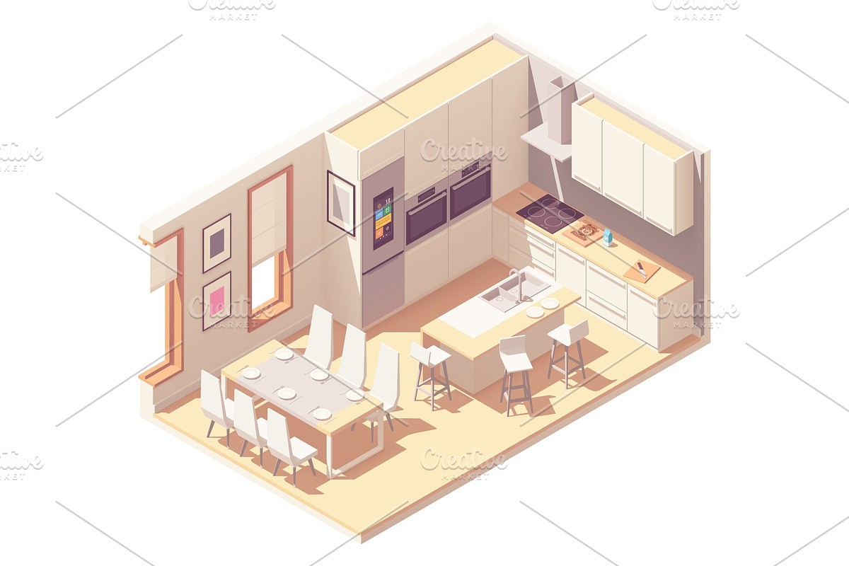 Vector isometric kitchen interior, a Decorative Illustration by tele52