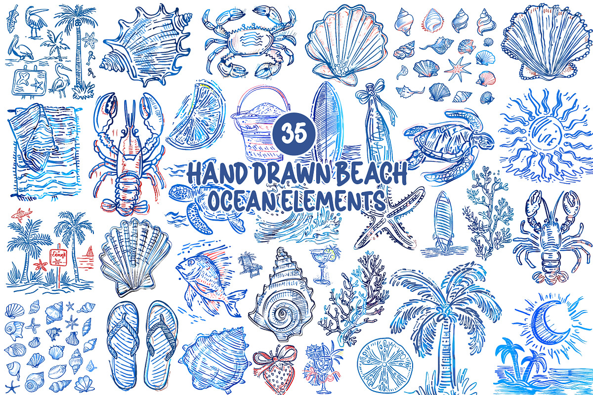 Hand Drawn Beach Ocean Elements, an Illustration by SinaCreation (Photo 1 of 11)