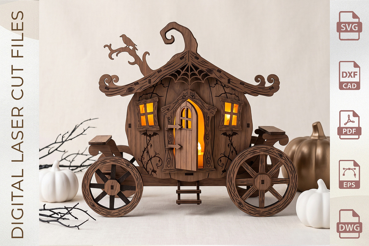 Halloween Pumpkin Carriage Laser Cut, an Object Graphic by WoodoraCut (Photo 7 of 8)