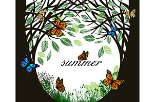 Summer Trees With Butterflies. Hand