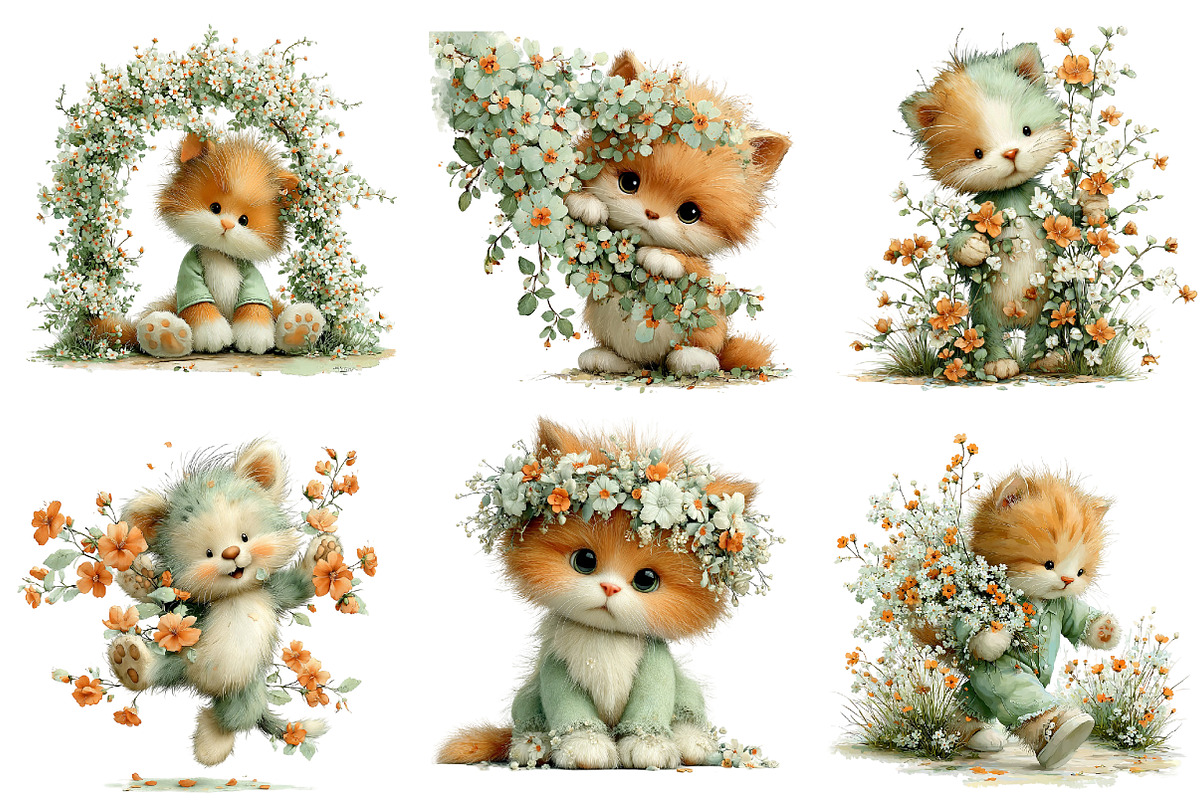 Whimsical Spring Cat Clipart, an Illustration by Dream Creation (Photo 2 of 6)