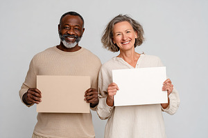 Happy couple holding blank signs in a light studio setting, a Photo by AlyaAnd
