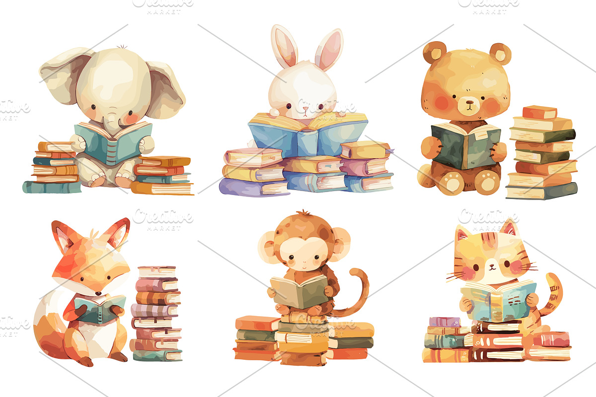 Animals reading. Watercolor elephant, an Education Illustration by Stock-Smart-Start