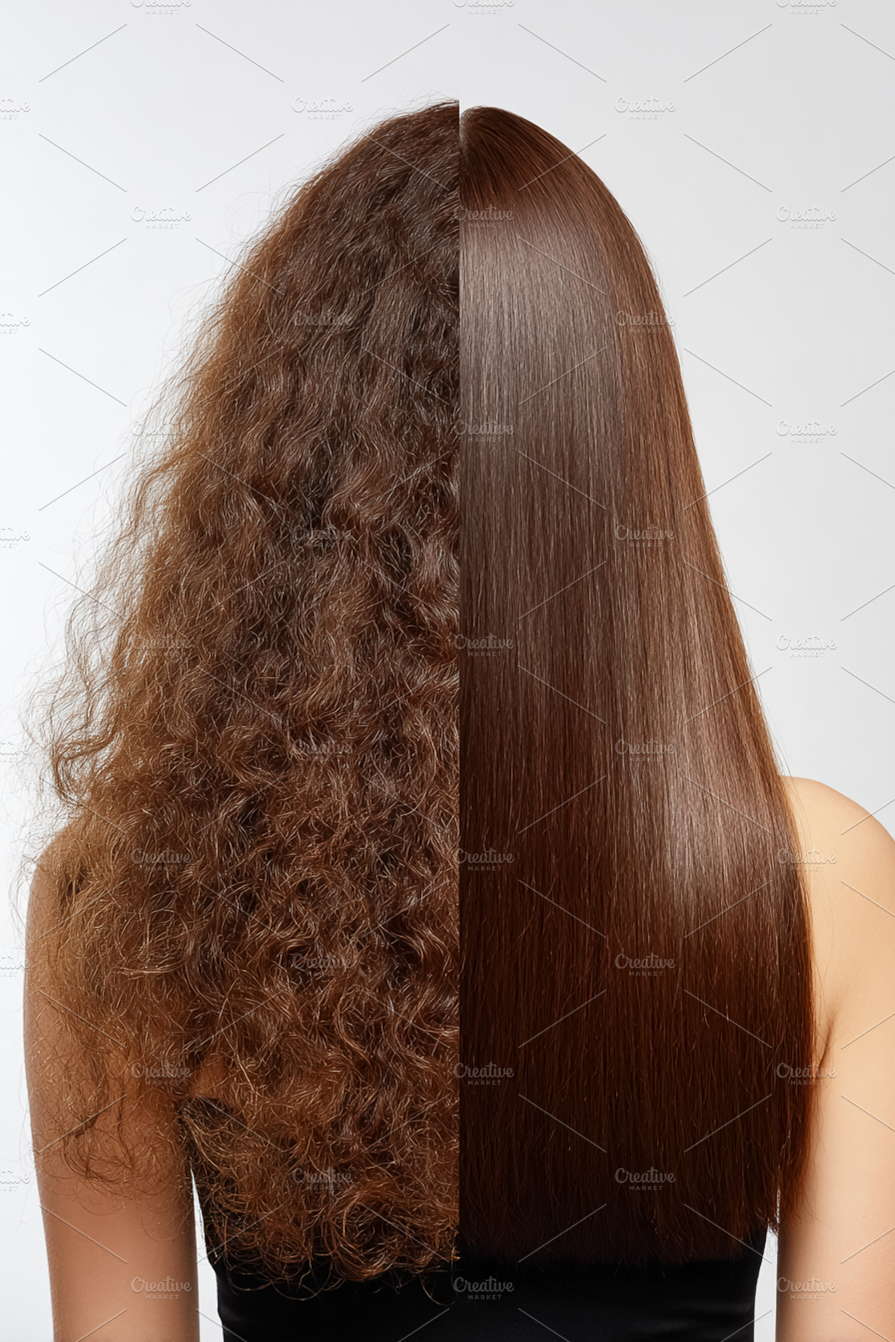 Woman displaying half curly frizzy hair and half straight smooth, a Photo by Studio ANNA