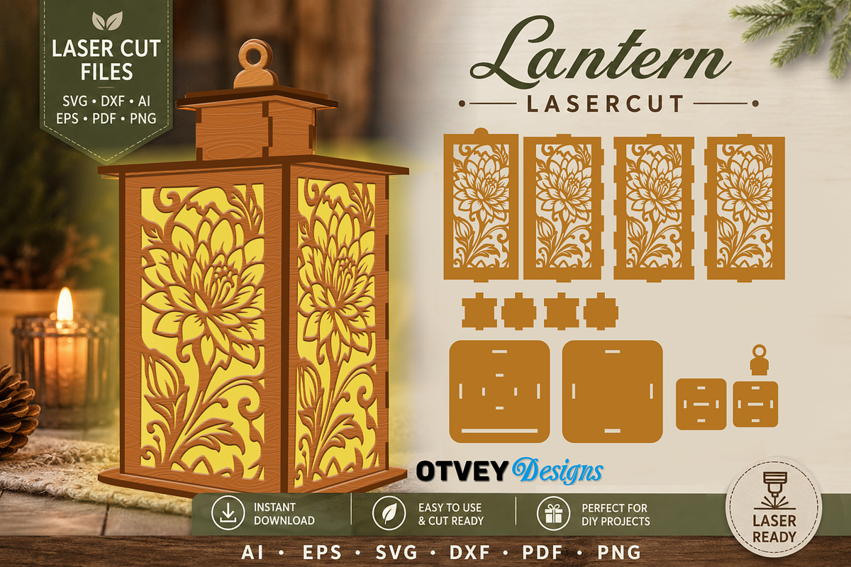 Floral Lantern SVG Bundle Laser Cut, a Decorative Illustration by OTVEY DESIGN (Photo 5 of 14)