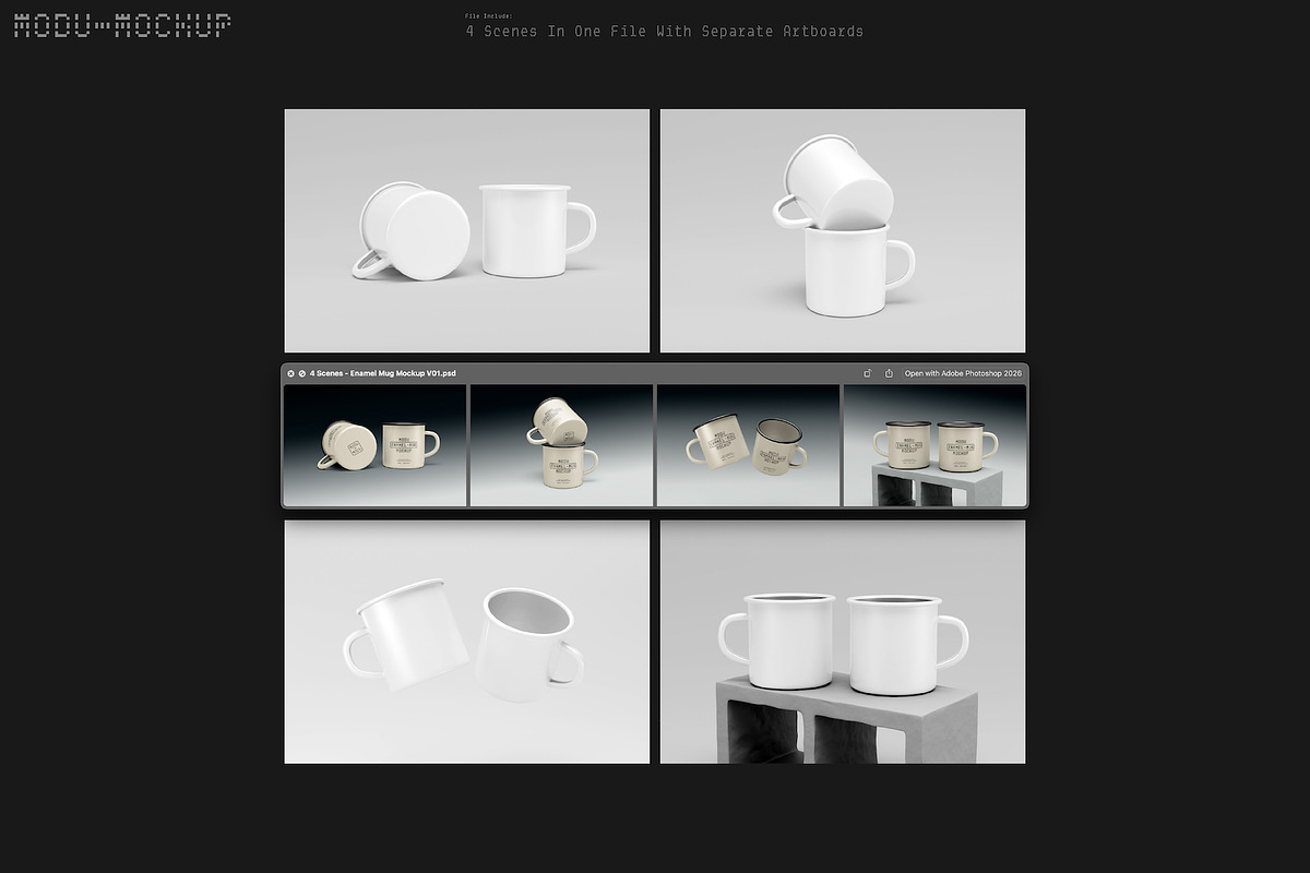 4 Scenes - Enamel Mug Mockup Kit V01, a Merchandise Mockup by Moduclave Studio (Photo 2 of 7)