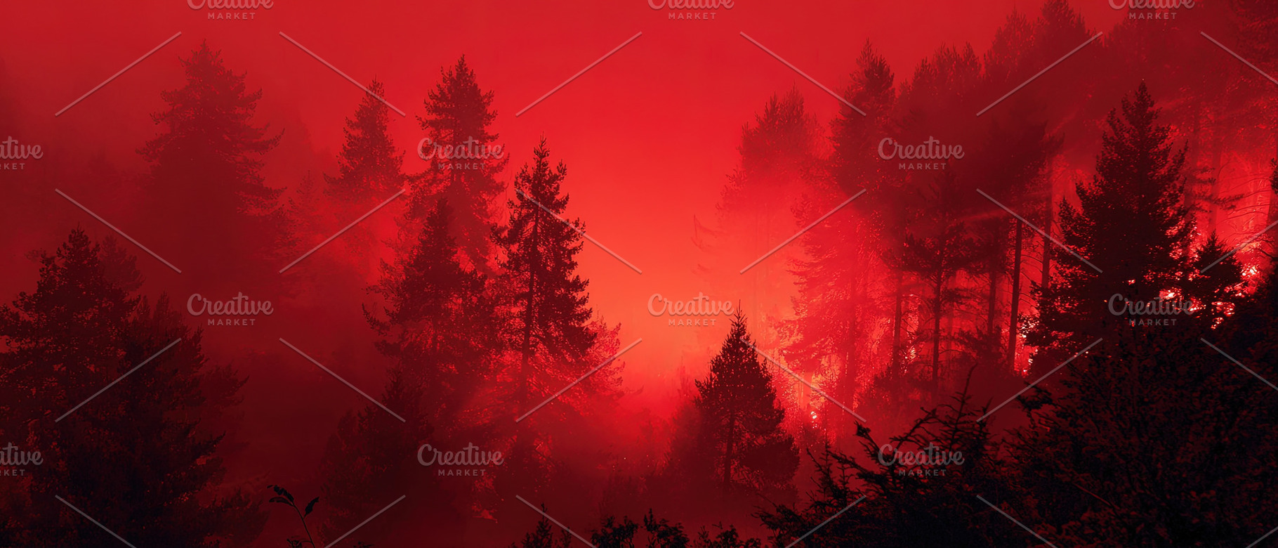 Dramatic pine forest silhouetted in deep red mist, creating an a, an Animal Photo by Ales Munt