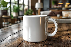 A clean white coffee mug sits on a wooden table, surrounded by a cozy, well-lit, a Background Photo by ImageMir