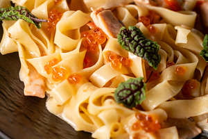 Fish penne recipe spaghetti roe chard sauce, a Food & Drink Photo by Photo Drive Studio