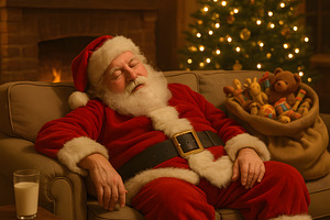 Santa Claus sleeping on sofa near Christmas tree with toys, a Holiday Photo by GoodGoods