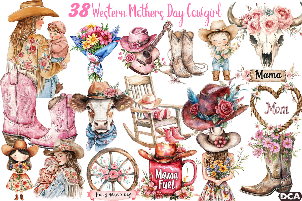 Western Mothers Day Cowgirl Clipart, an Illustration by DreamCafeArt (Photo 1 of 7)