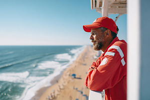 Lifeguard overseeing beach activities from high tower on sunny day, a Person Photo by AlyaAnd