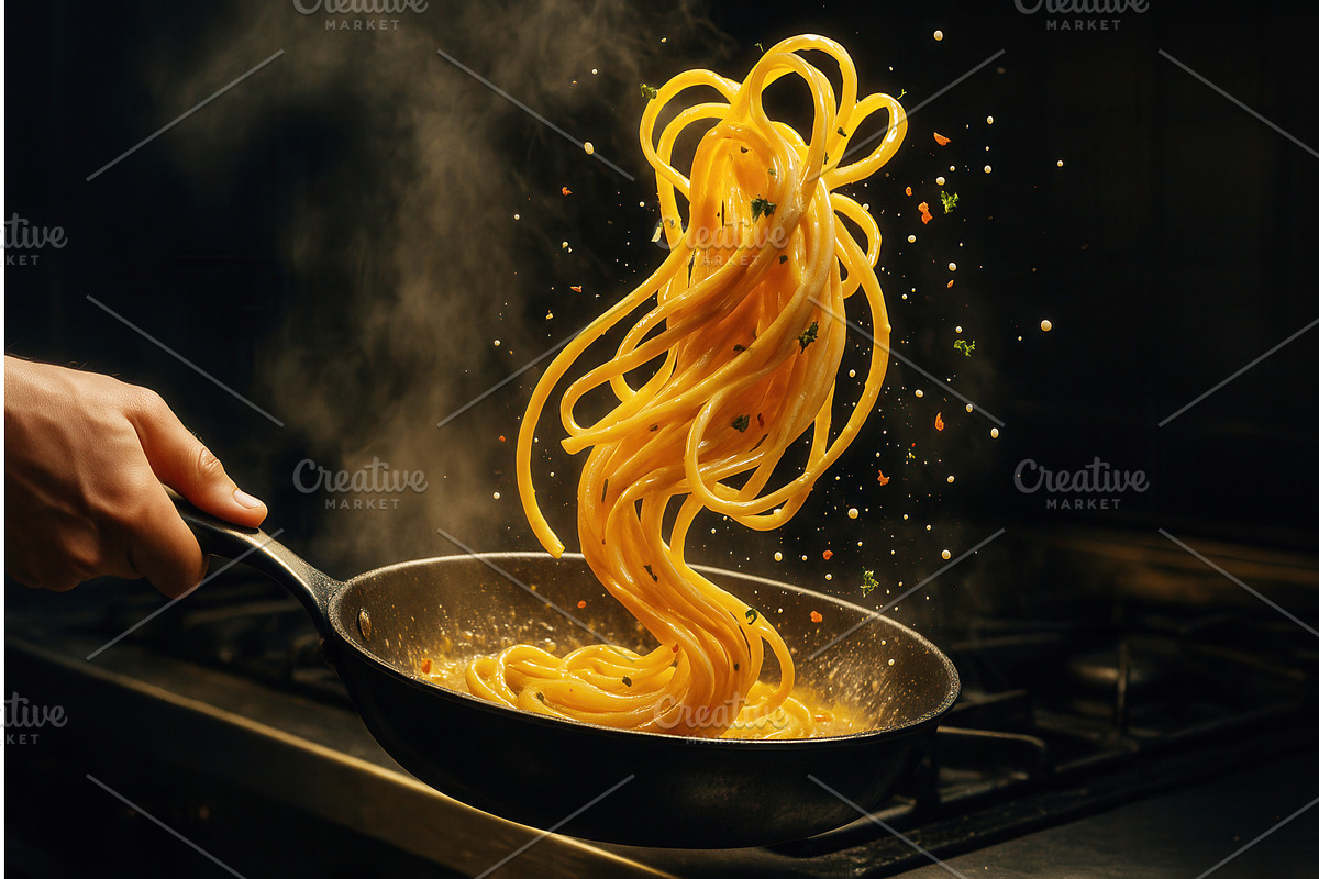 A chef expertly tosses steaming, a Food Illustration by Sergey Kotenev