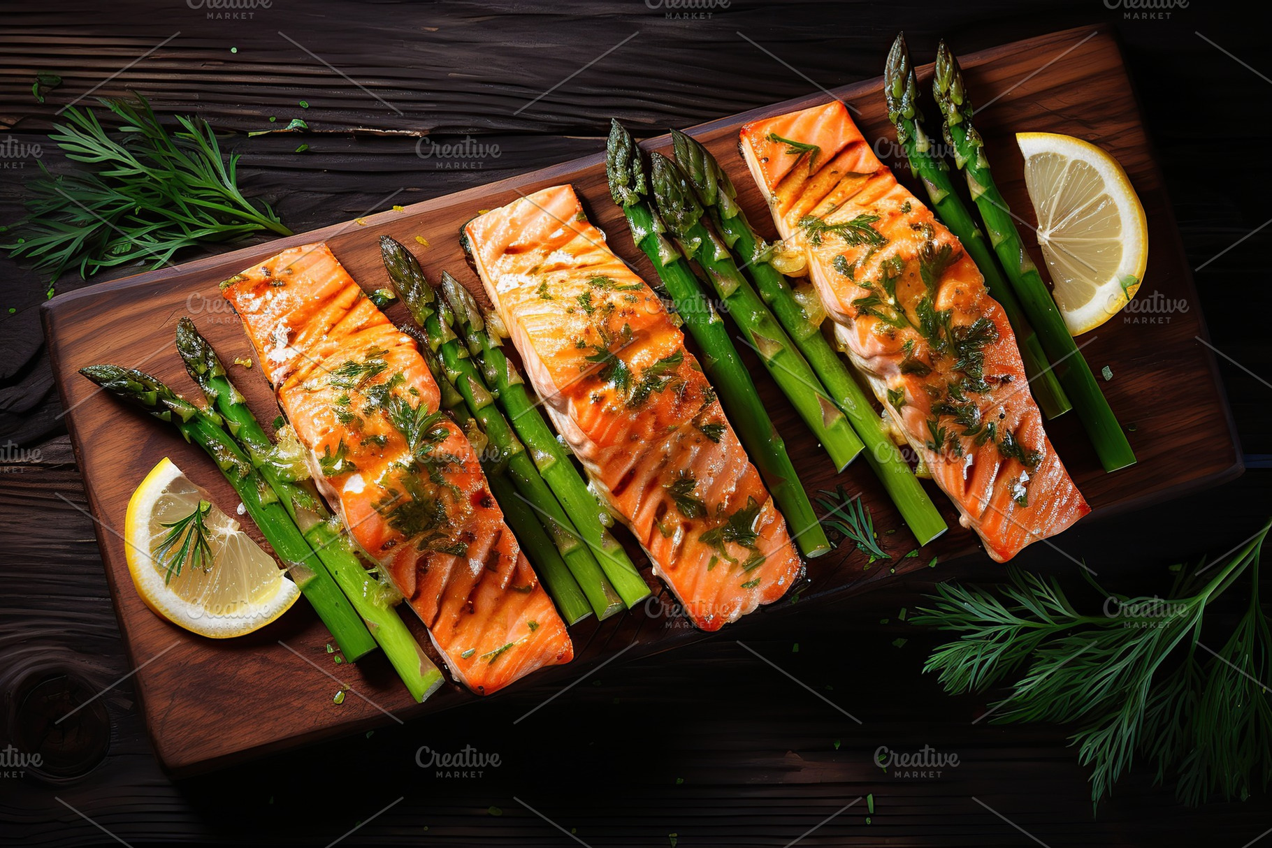 Baked salmon with green asparagus and slices of lemon on wooden background, a Food & Drink Photo by AlyaAnd