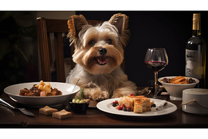 excited dog table food ai generated, an Animal Photo by pikepicture