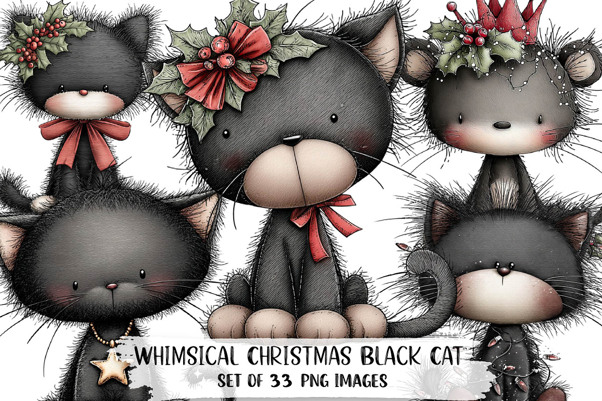 Whimsical Christmas Black Cat Clipar, an Illustration by DreamPrint404 (Photo 1 of 7)