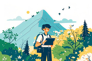 Man using laptop in lush outdoor setting by a beautiful mountain landscape, an Illustration by AS photostudio