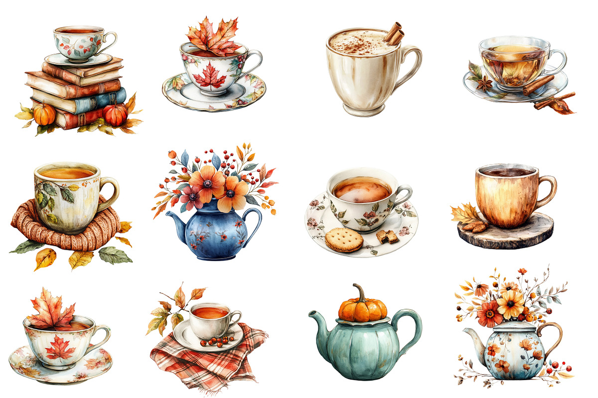 Watercolor Autumn Tea Party Clipart, an Illustration by Designworld (Photo 2 of 6)