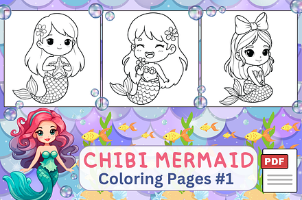 Chibi Mermaid Coloring Pages #1, a Person Illustration by PewNguyen