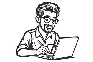Smiling Man Working on Laptop vector, a Technology Illustration by AlexArt