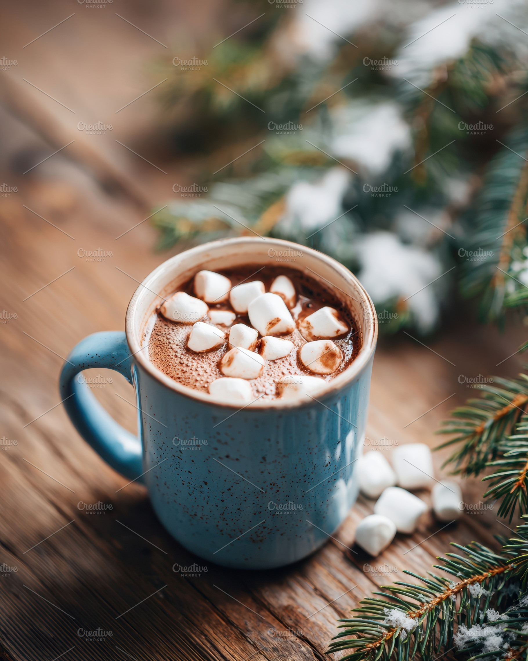 Cozy hot chocolate with marshmallows in winter setting, a Food & Drink Photo by AlyaAnd