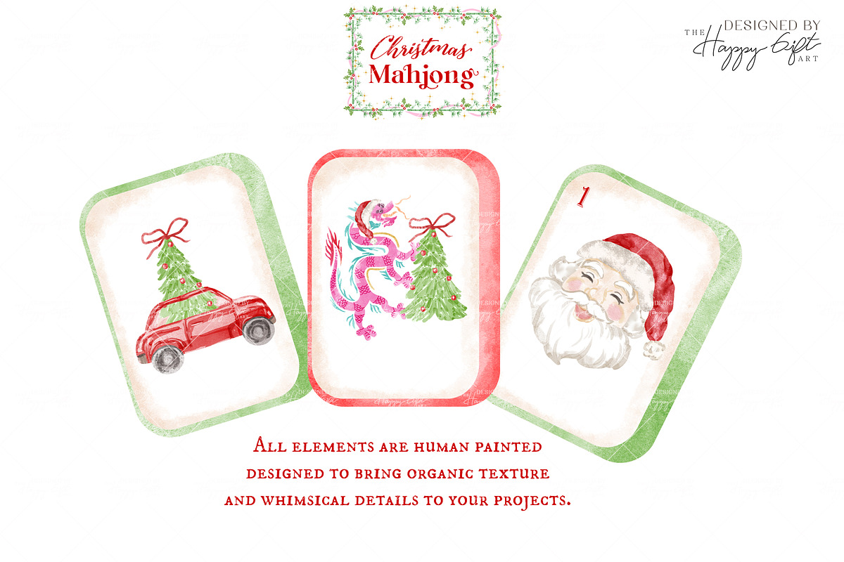 Christmas Mahjong watercolor clipart, a Seasonal Illustration by TheHappyGiftArt (Photo 7 of 8)