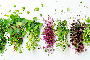 Different fresh microgreens on white background, a Food & Drink Photo by AlyaAnd