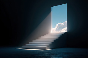 Surreal staircase leads to bright doorway in dark room environment, a Background Photo by AlyaAnd