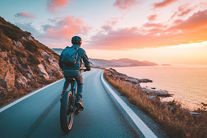 Man enjoying a scenic coastal ride on an electric bike during sunset, a Sports & Recreation Photo by AlyaAnd