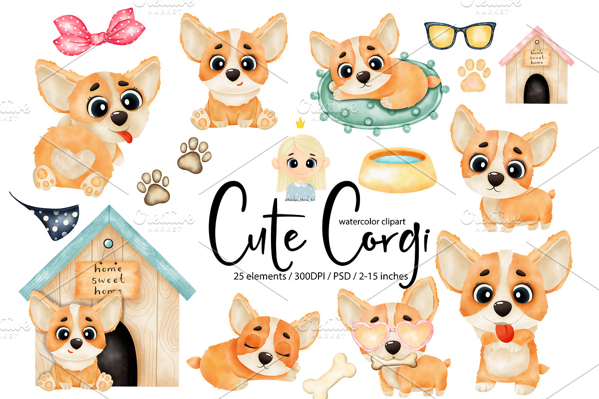 Watercolor Corgi Clipart., an Animal Illustration by Natalya_Mona_Art (Photo 1 of 4)