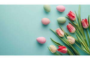 Pastel Easter eggs and tulips on, a Holiday Photo by piter.goskov