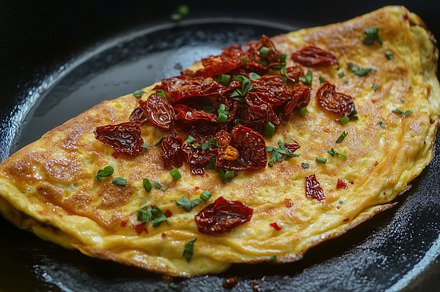 Golden omelet in a skillet, topped, a Food & Drink Photo by MistyDay