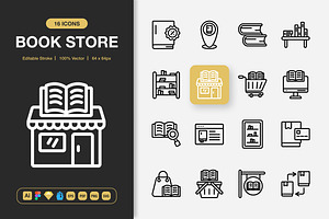 Book Store Outline Icons, an Outline Icon by Spacepixel Creative