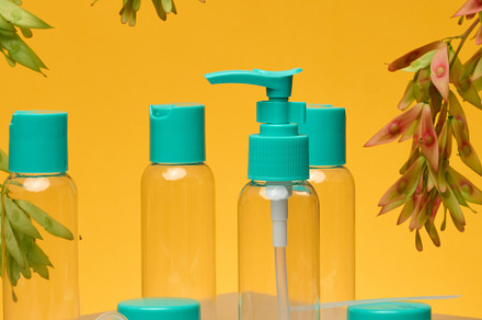 Transparent cosmetic bottles with turquoise caps pump, flip-top,