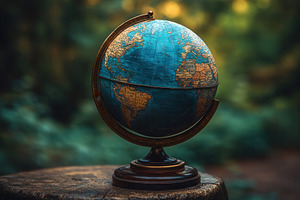 Vintage globe resting on a wooden ta, a Photo by Tanuart