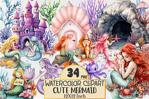 Watercolor Cute Mermaid Clipart, a Seasonal Illustration by Rose Art