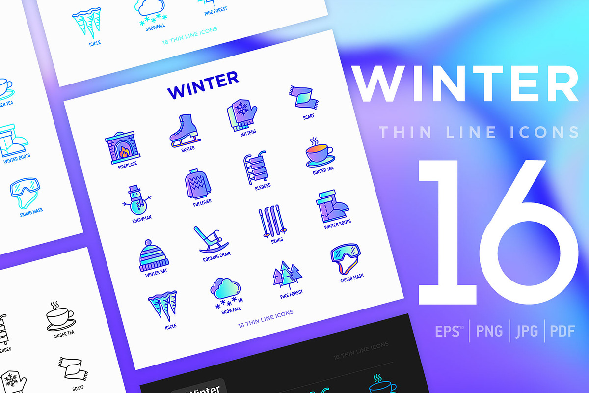Winter | 16 Thin Line Icons Set, an Outline Icon by Alex Blogoodf (Photo 1 of 9)