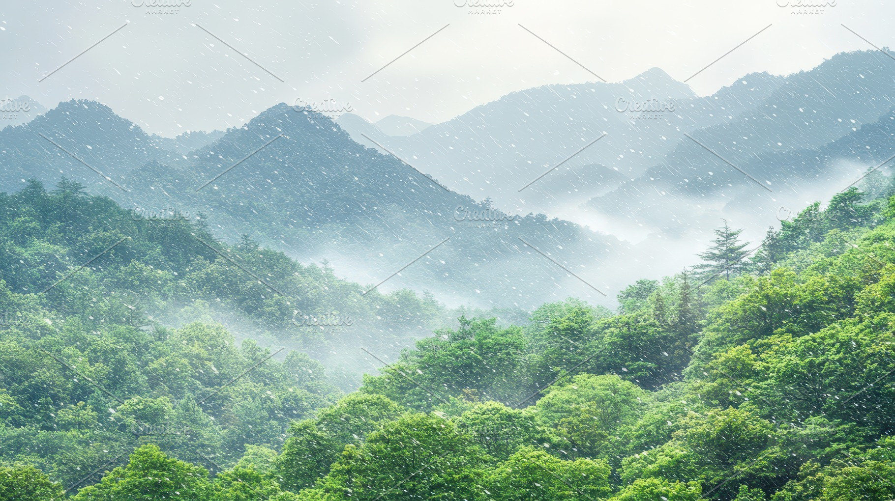 Misty forest mountains with a soft layer of fog and gentle snowfall, creating a, a Nature Photo by Mashimara
