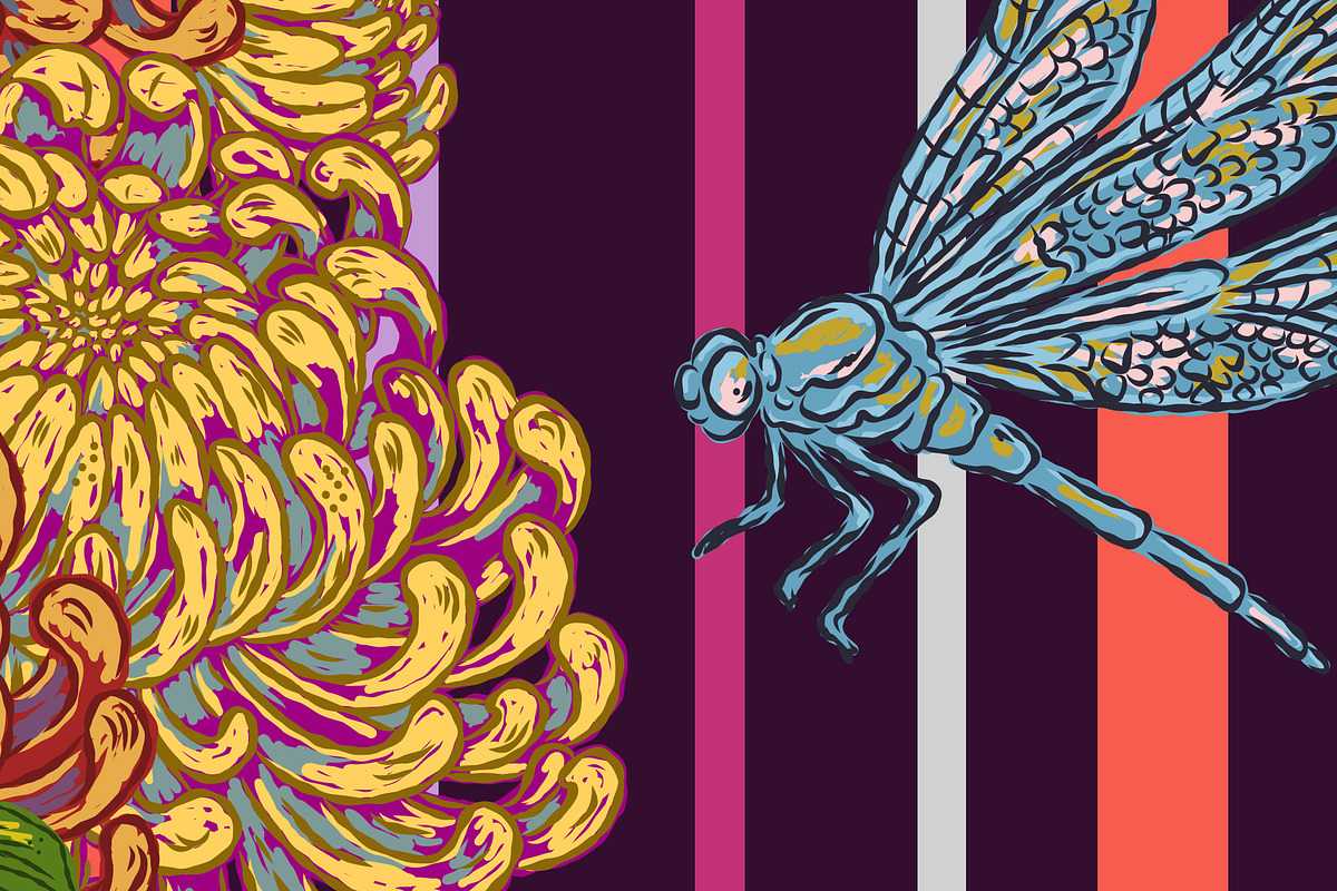 Peach, Chrysanthemum and Dragonfly, a Pattern Graphic by NayaChu (Photo 5 of 9)