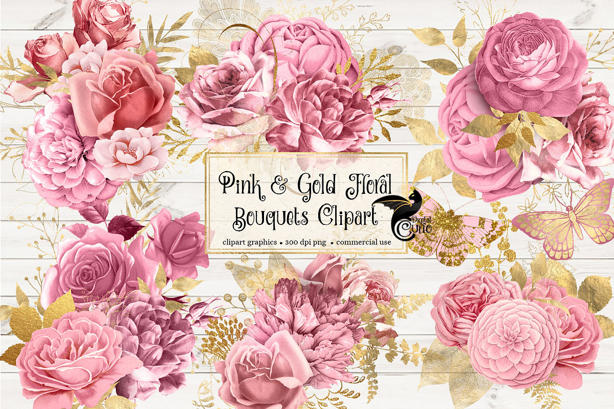 Pink and Gold Floral Clipart, an Illustration by Digital Curio