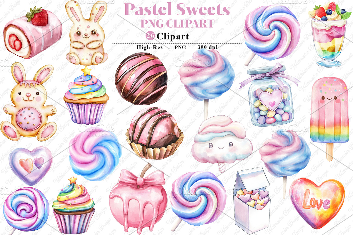 Watercolor Pastel Sweets Clipart, an Illustration by Watercolor design (Photo 1 of 12)