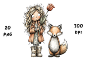 Whimsical Floral Girl & Fox Clipart, an Animal Illustration by GiraffeCreative (Thumbnail 5 of 20)