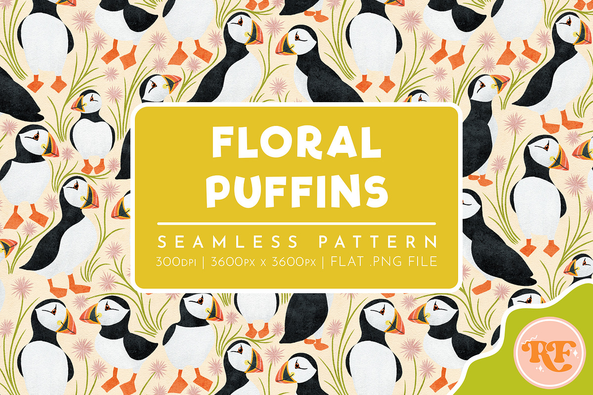 Floral Puffins Seamless Pattern, a Pattern Graphic by Rebecca Flaherty (Photo 1 of 3)
